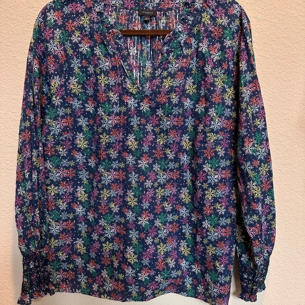 Talbots Blue Relaxed Blouse with Mandarin Collar and Cuffed Sleeves